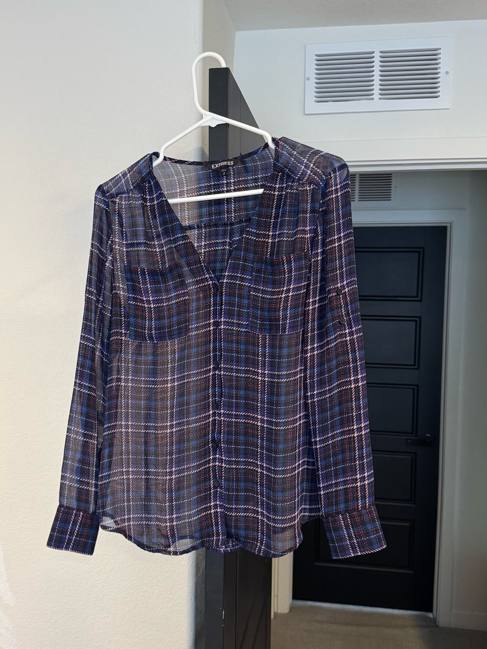 Express Women’s Blue/Purple Plaid Long-Sleeve Shirt